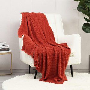 Farmhouse Throw Knitted Throw Waffle Throw Burnt Orange